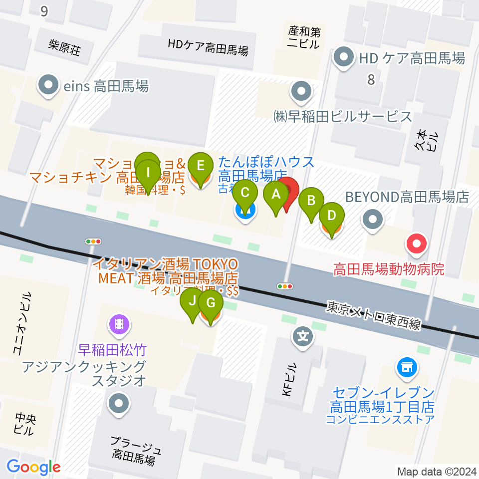 高田馬場ゲートワン周辺のファミレス・ファーストフード一覧地図