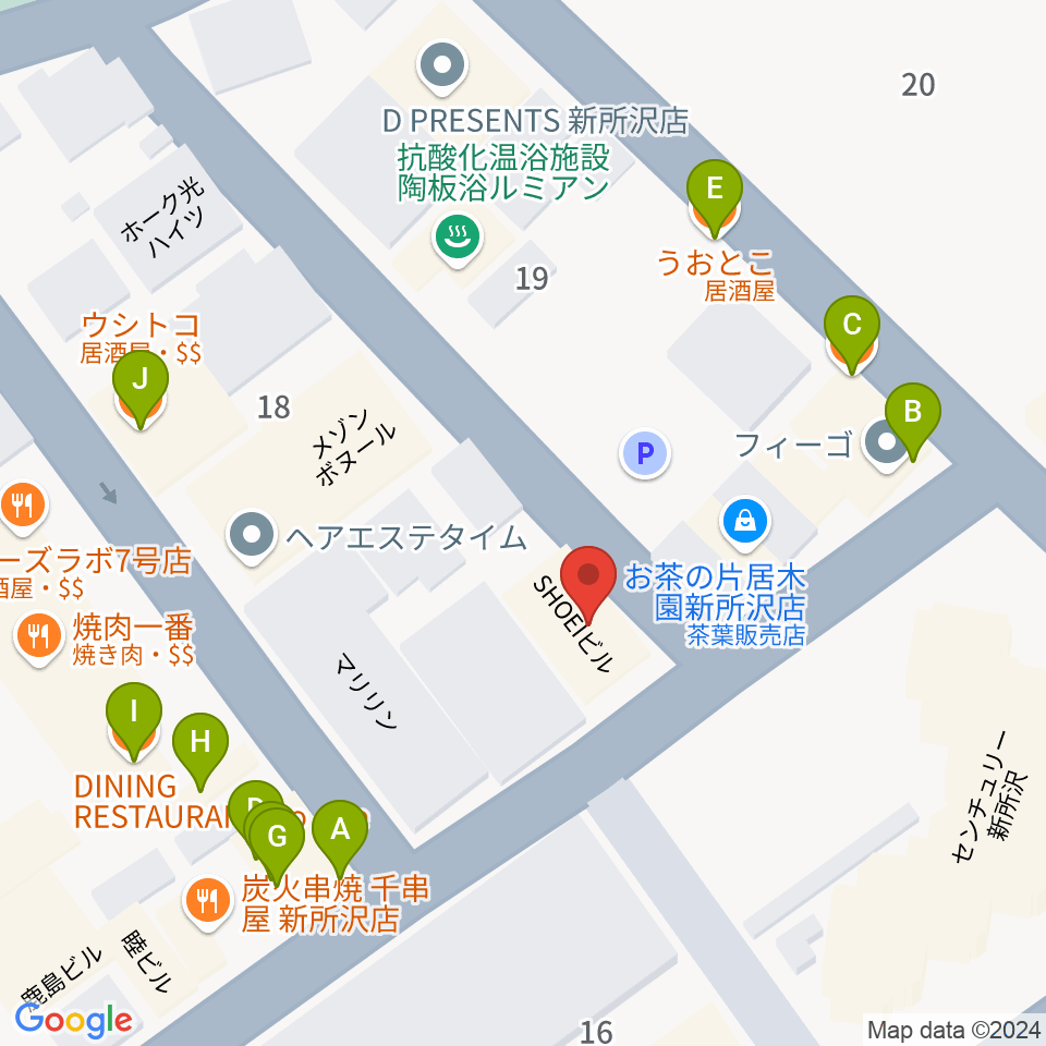 新所沢スワン周辺のファミレス・ファーストフード一覧地図