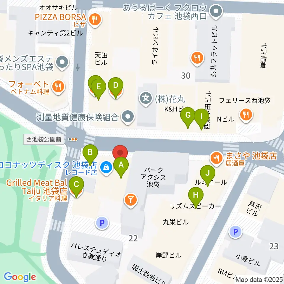 池袋インディペンデンス周辺のファミレス・ファーストフード一覧地図