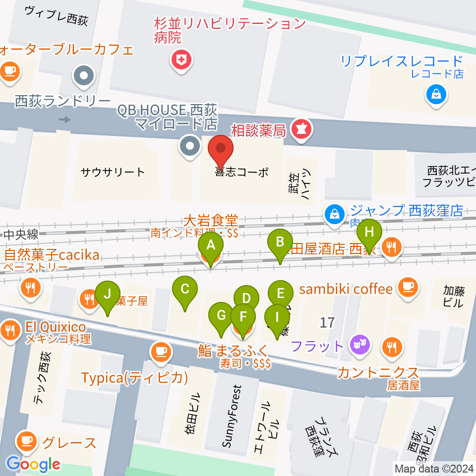 音や金時周辺のファミレス・ファーストフード一覧地図