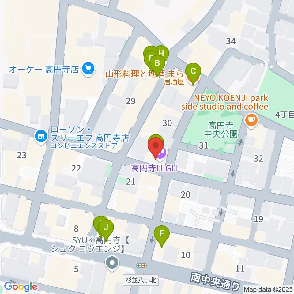 高円寺HIGH周辺のファミレス・ファーストフード一覧地図