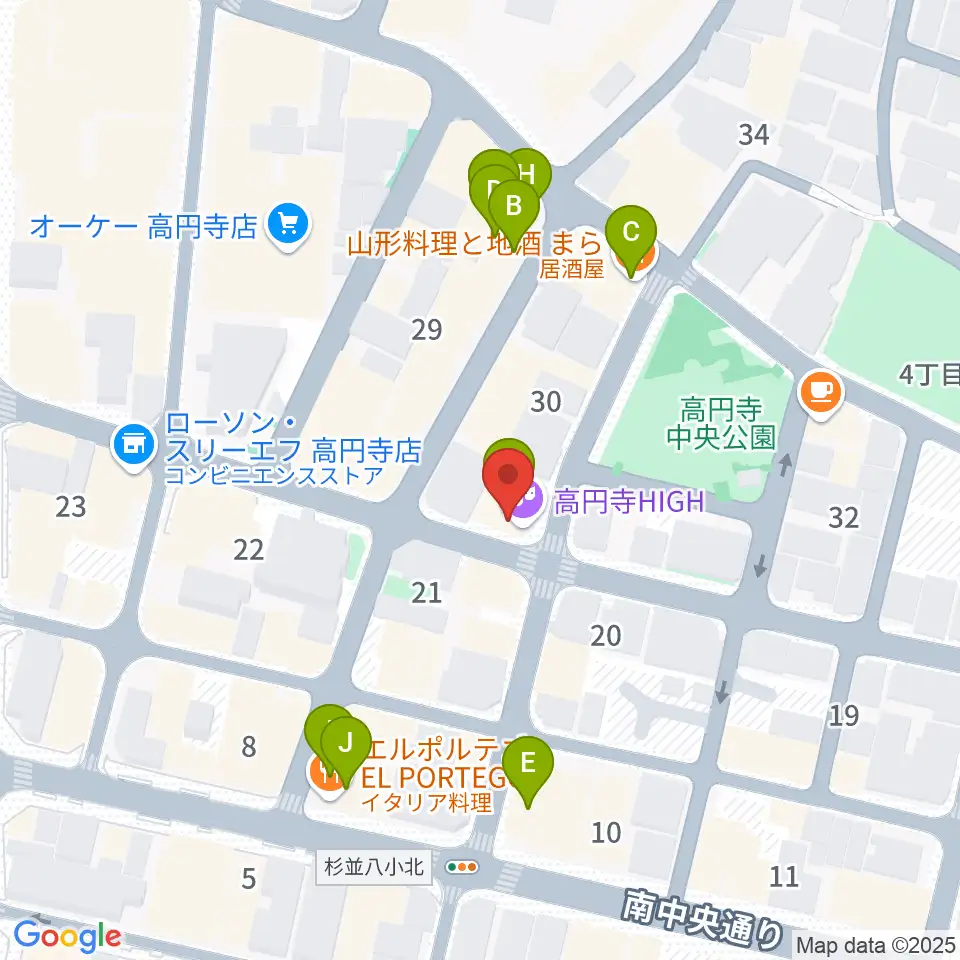 高円寺HIGH周辺のファミレス・ファーストフード一覧地図