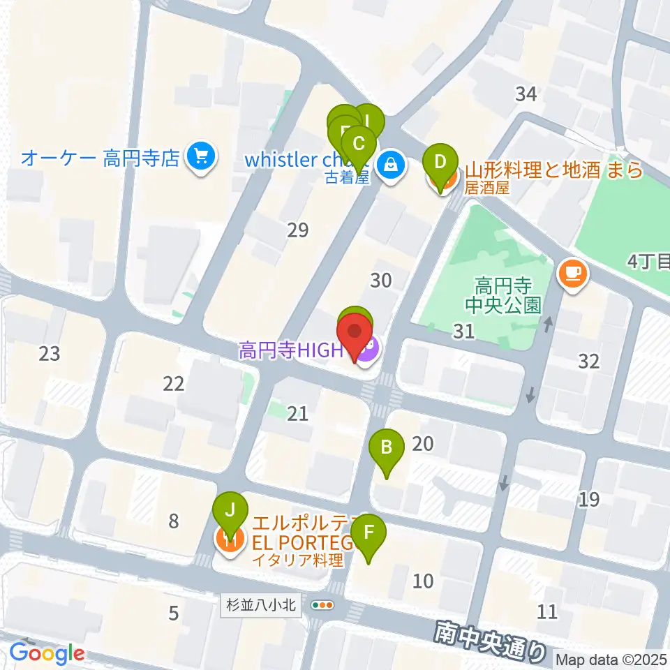 高円寺HIGH周辺のファミレス・ファーストフード一覧地図