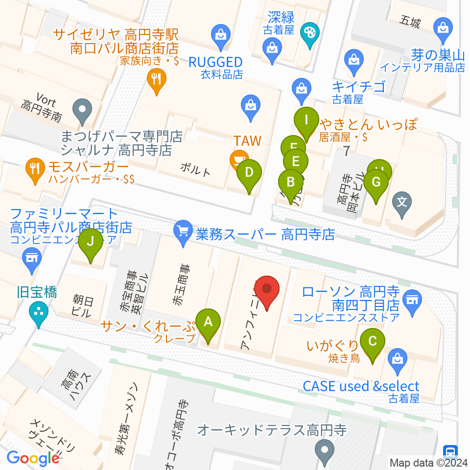 高円寺ALONE周辺のファミレス・ファーストフード一覧地図