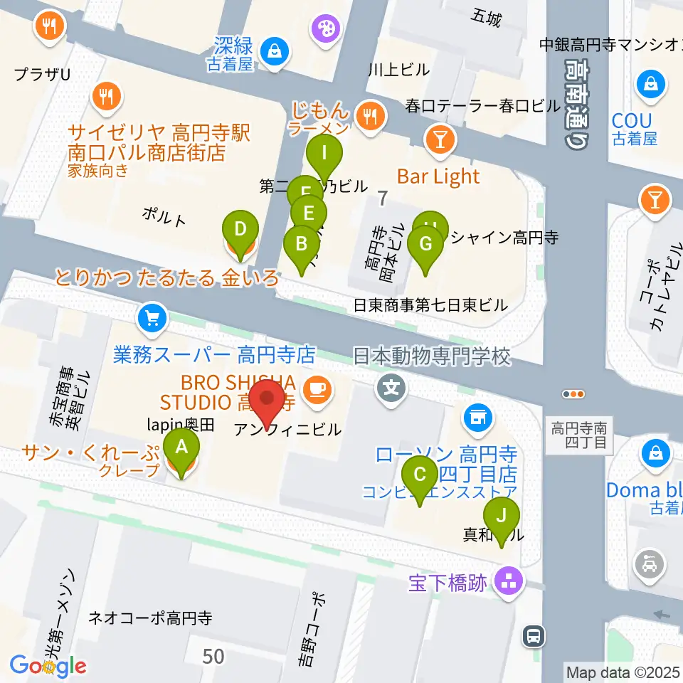 高円寺ALONE周辺のファミレス・ファーストフード一覧地図