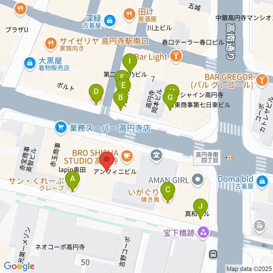 高円寺ALONE周辺のファミレス・ファーストフード一覧地図