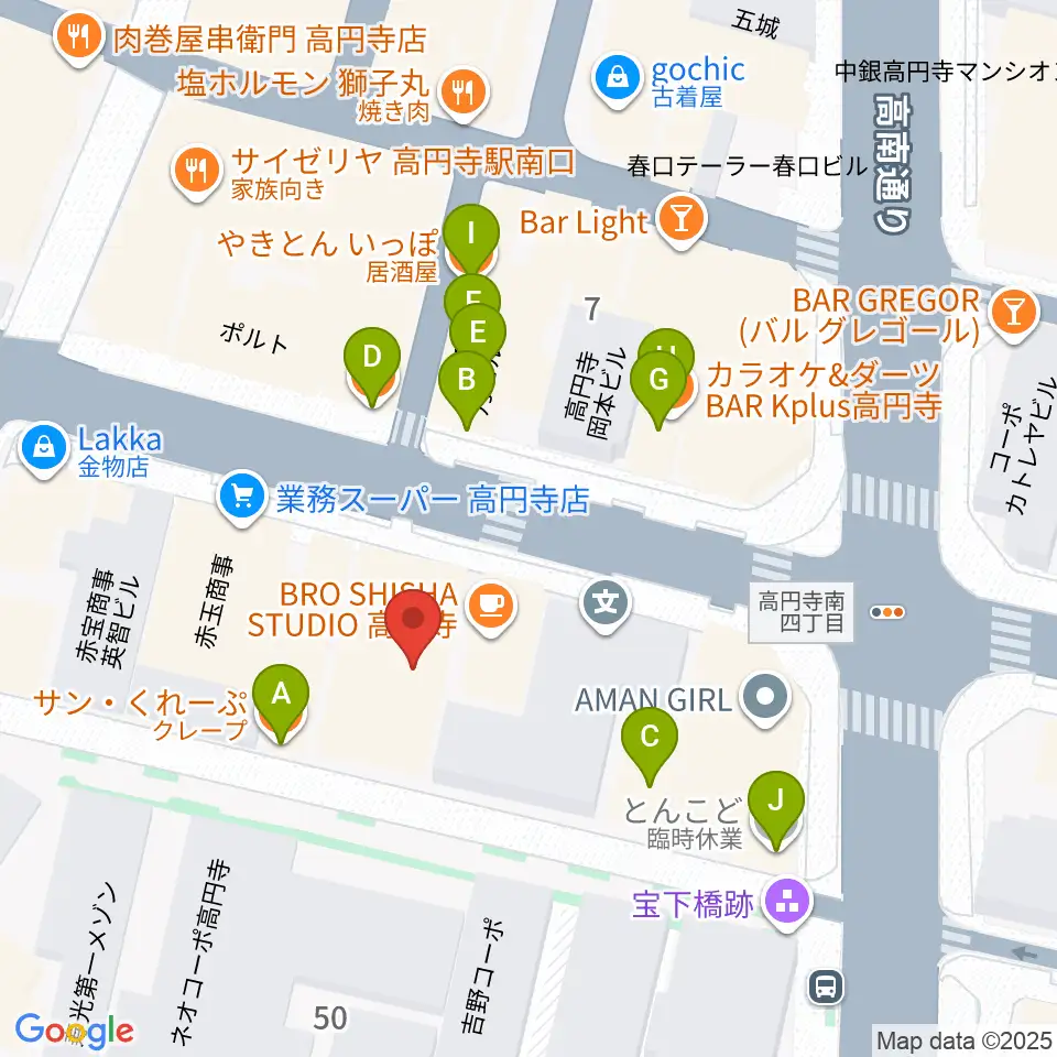 高円寺ALONE周辺のファミレス・ファーストフード一覧地図