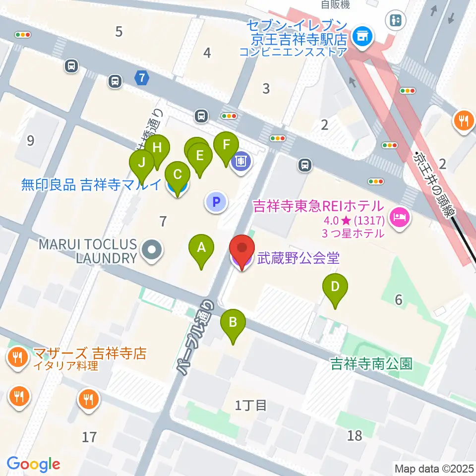武蔵野公会堂周辺のファミレス・ファーストフード一覧地図