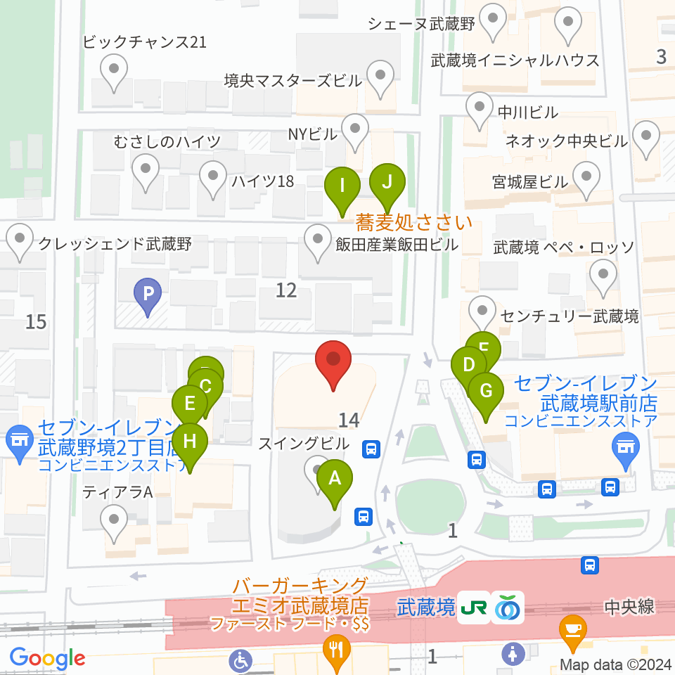 武蔵野スイングホール周辺のファミレス・ファーストフード一覧地図