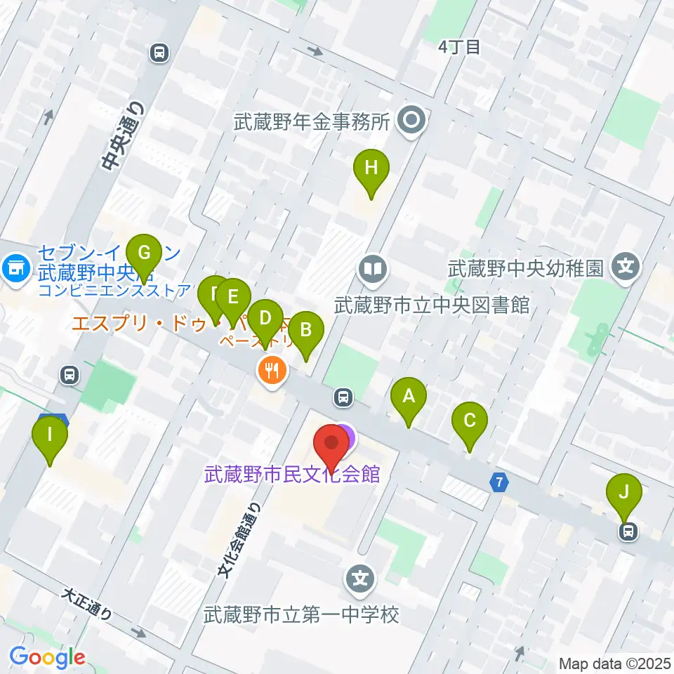武蔵野市民文化会館周辺のファミレス・ファーストフード一覧地図