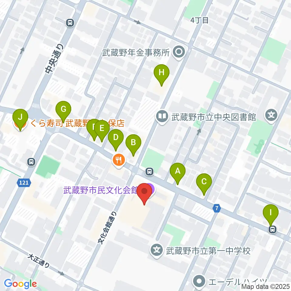 武蔵野市民文化会館周辺のファミレス・ファーストフード一覧地図