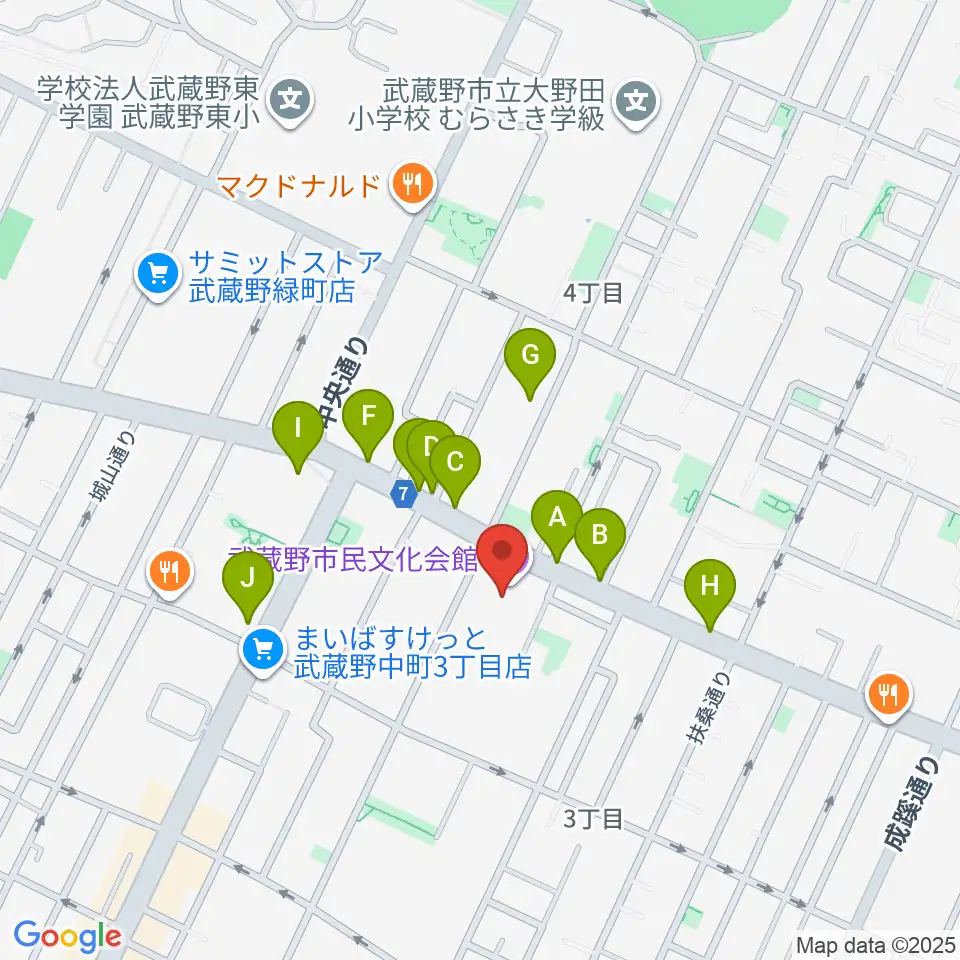 武蔵野市民文化会館周辺のファミレス・ファーストフード一覧地図