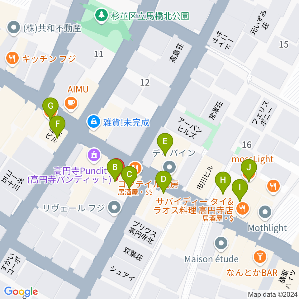 高円寺コクテイル書房周辺のファミレス・ファーストフード一覧地図