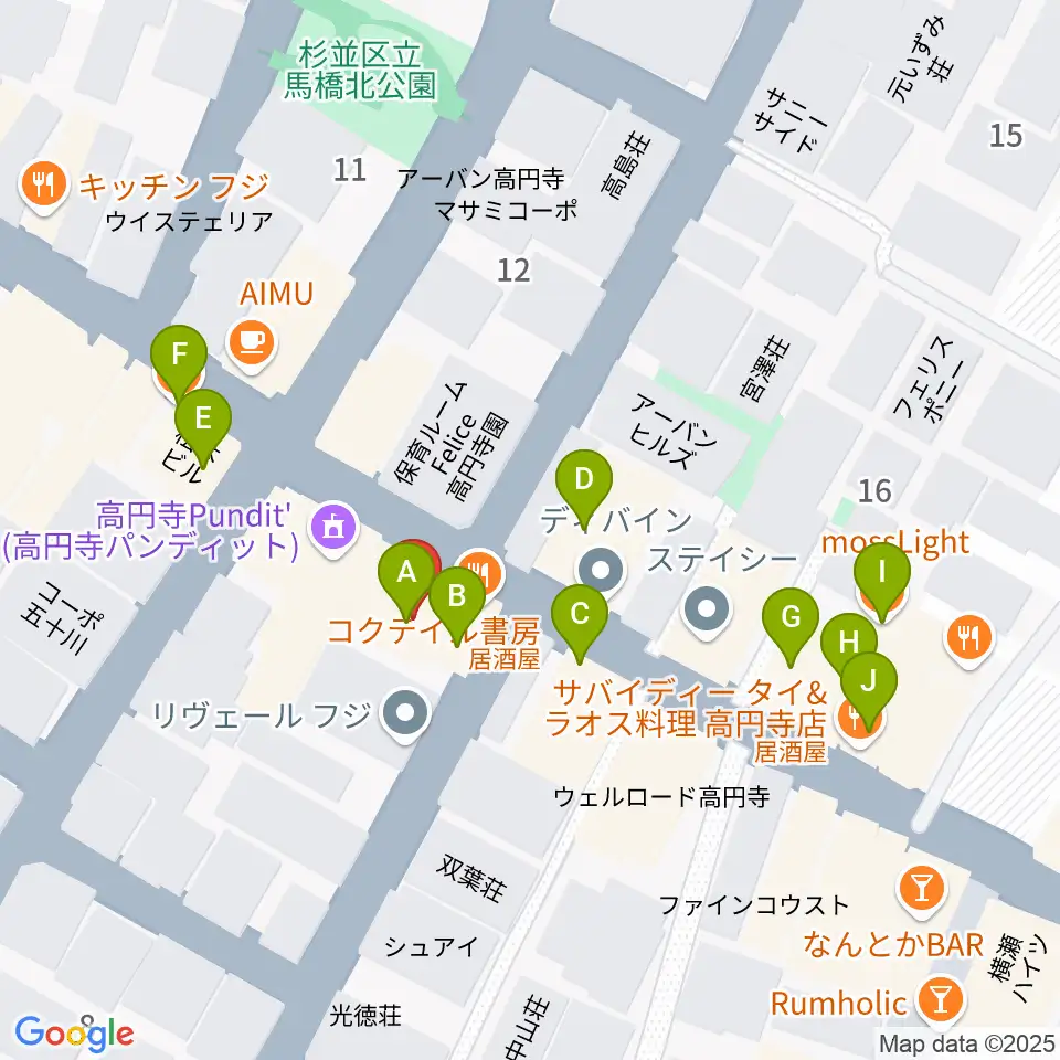 高円寺コクテイル書房周辺のファミレス・ファーストフード一覧地図
