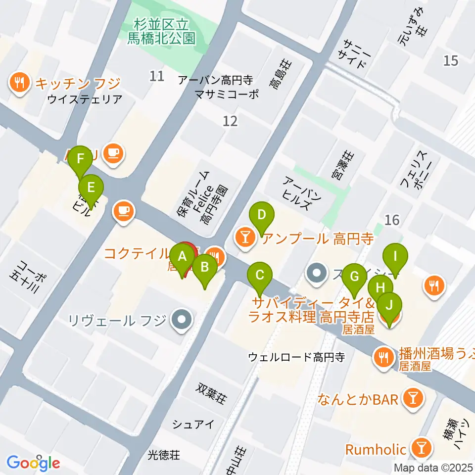高円寺コクテイル書房周辺のファミレス・ファーストフード一覧地図