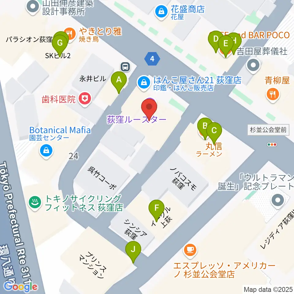 荻窪ルースター周辺のファミレス・ファーストフード一覧地図