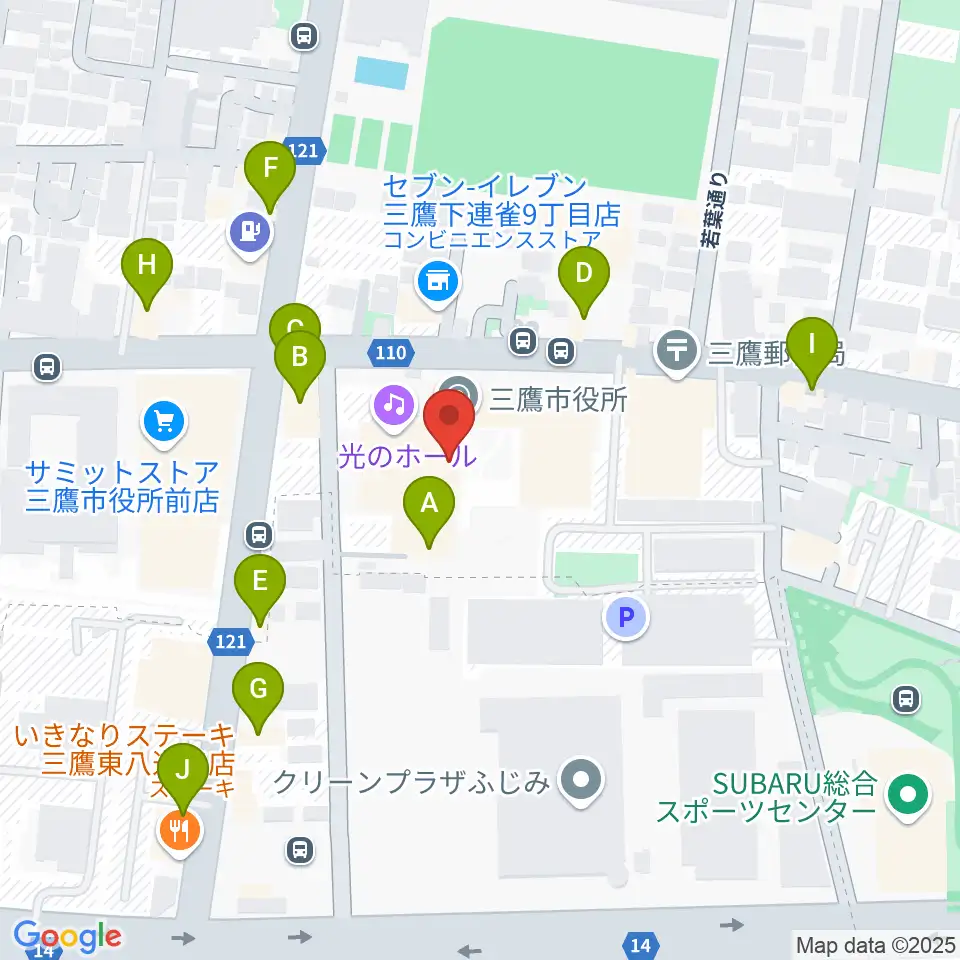 三鷹市公会堂周辺のファミレス・ファーストフード一覧地図