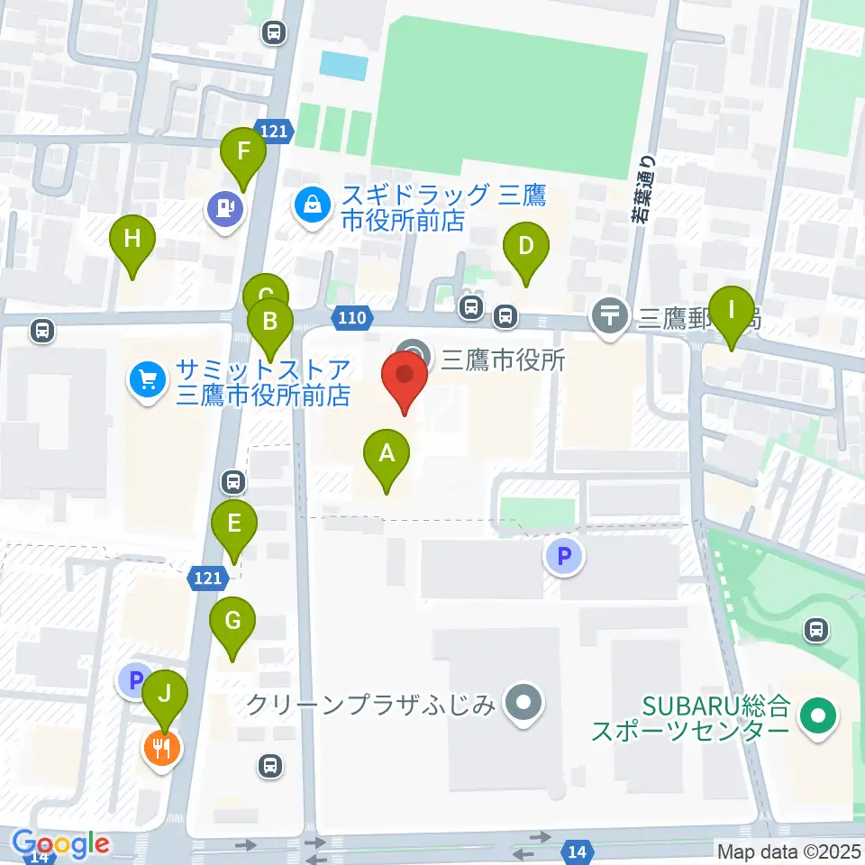 三鷹市公会堂周辺のファミレス・ファーストフード一覧地図