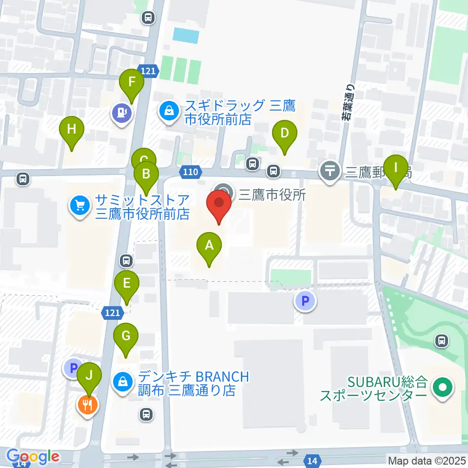 三鷹市公会堂周辺のファミレス・ファーストフード一覧地図
