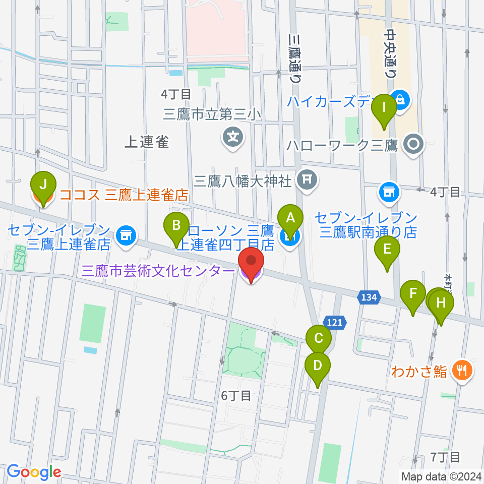 三鷹市芸術文化センター周辺のファミレス・ファーストフード一覧地図