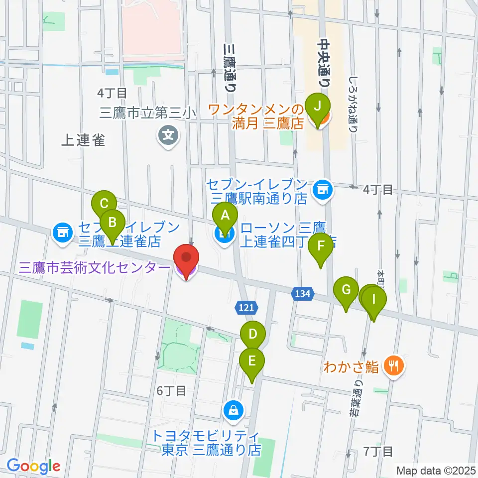 三鷹市芸術文化センター周辺のファミレス・ファーストフード一覧地図