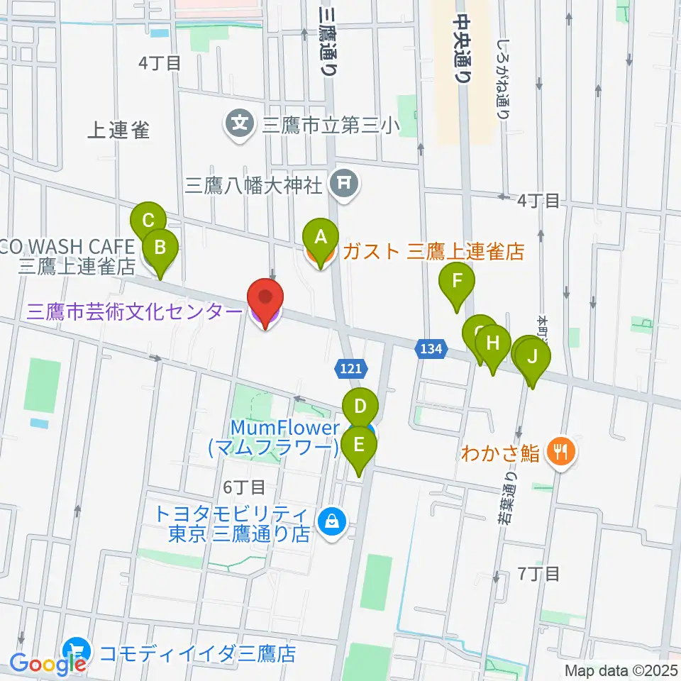 三鷹市芸術文化センター周辺のファミレス・ファーストフード一覧地図