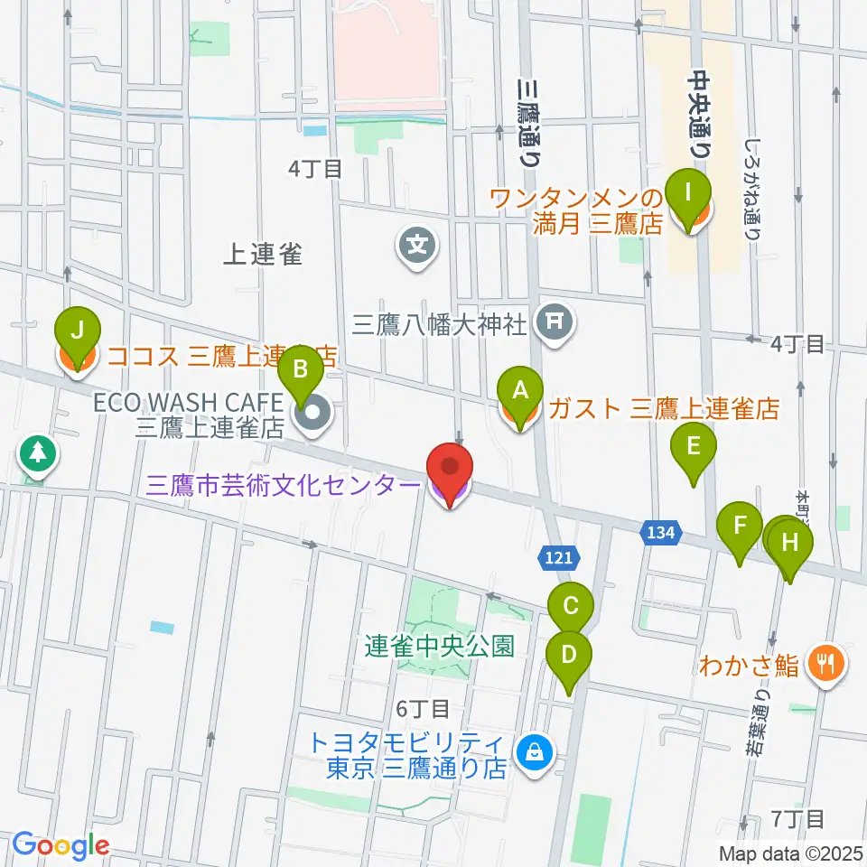 三鷹市芸術文化センター周辺のファミレス・ファーストフード一覧地図