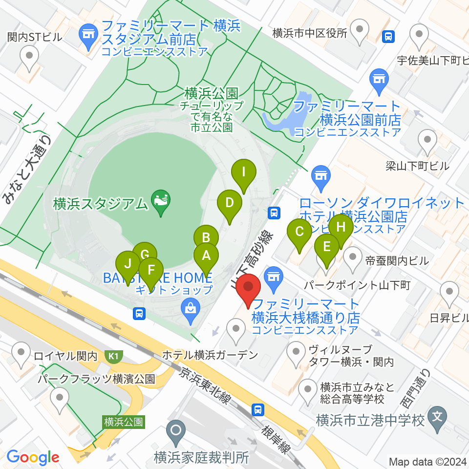 横浜セブンスアベニュー周辺のファミレス・ファーストフード一覧地図