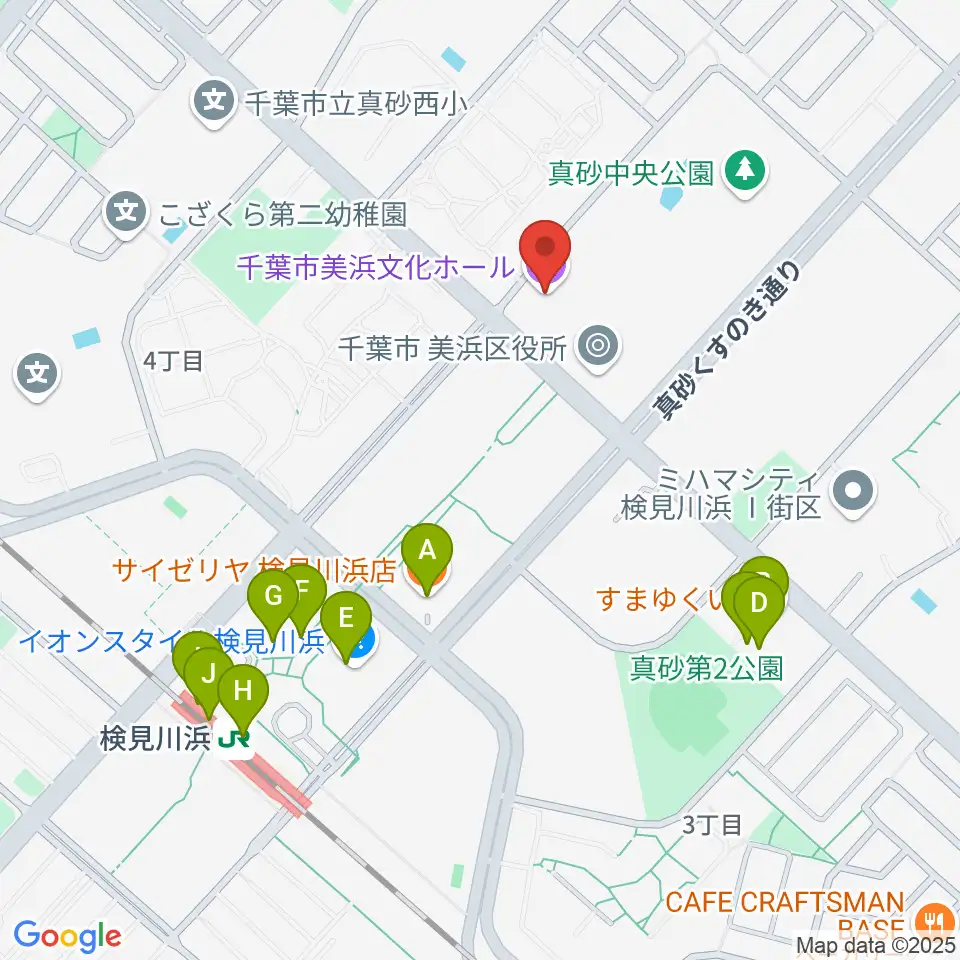 千葉市美浜文化ホール周辺のファミレス・ファーストフード一覧地図