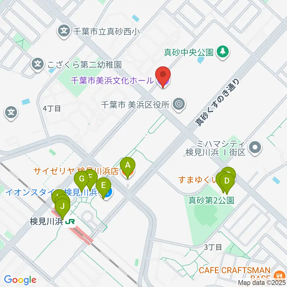 千葉市美浜文化ホール周辺のファミレス・ファーストフード一覧地図