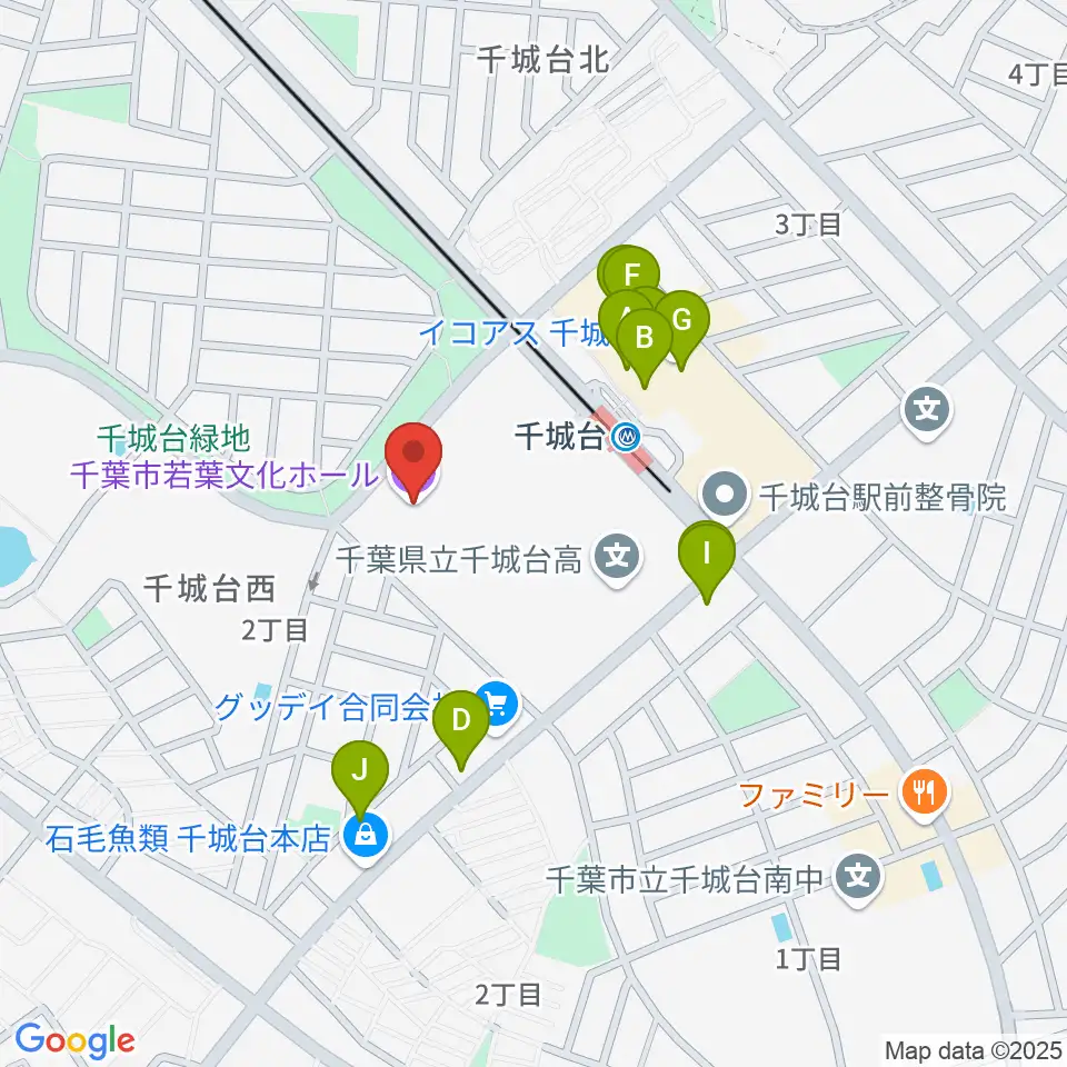 千葉市若葉文化ホール周辺のファミレス・ファーストフード一覧地図