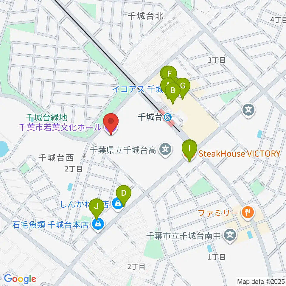 千葉市若葉文化ホール周辺のファミレス・ファーストフード一覧地図
