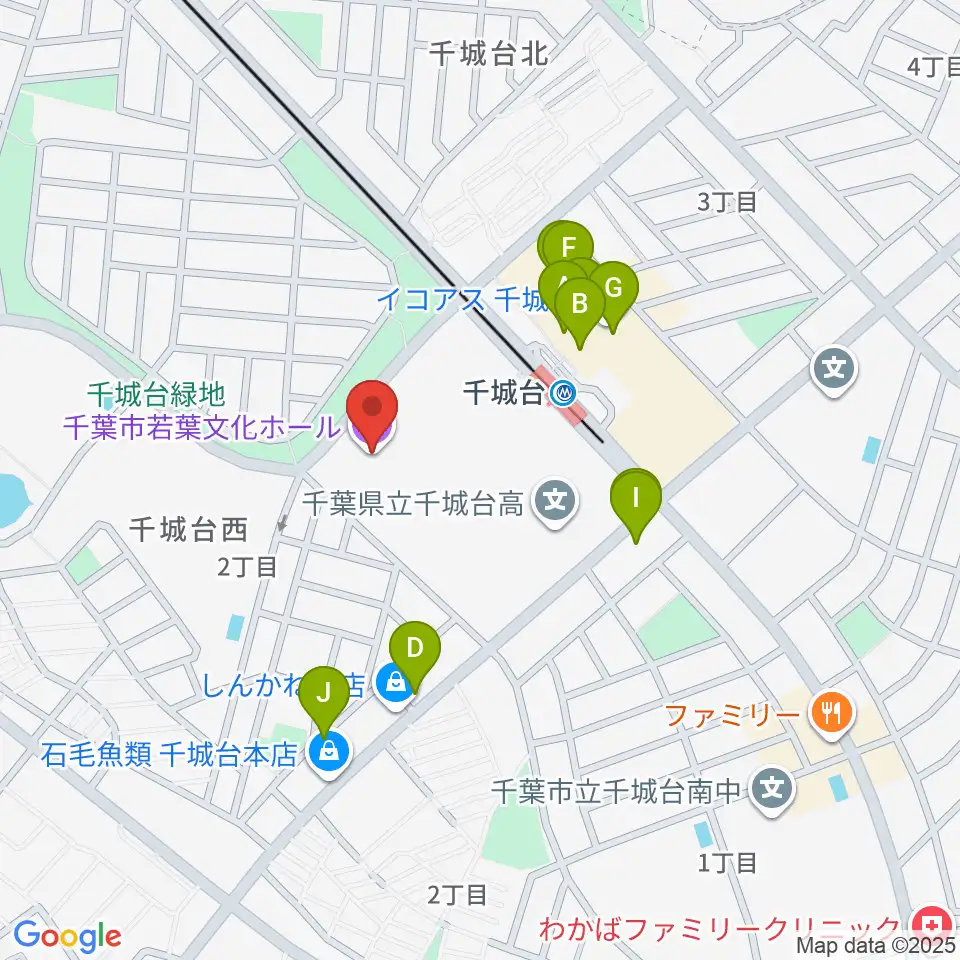 千葉市若葉文化ホール周辺のファミレス・ファーストフード一覧地図