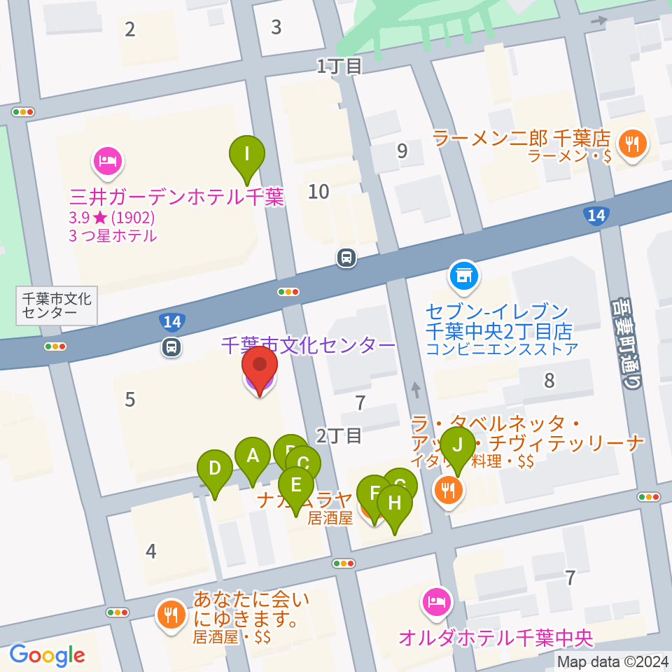 千葉市文化センター周辺のファミレス・ファーストフード一覧地図