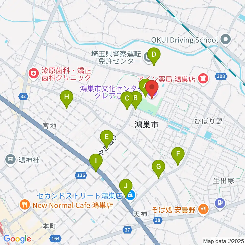 鴻巣市文化センター クレアこうのす周辺のファミレス・ファーストフード一覧地図