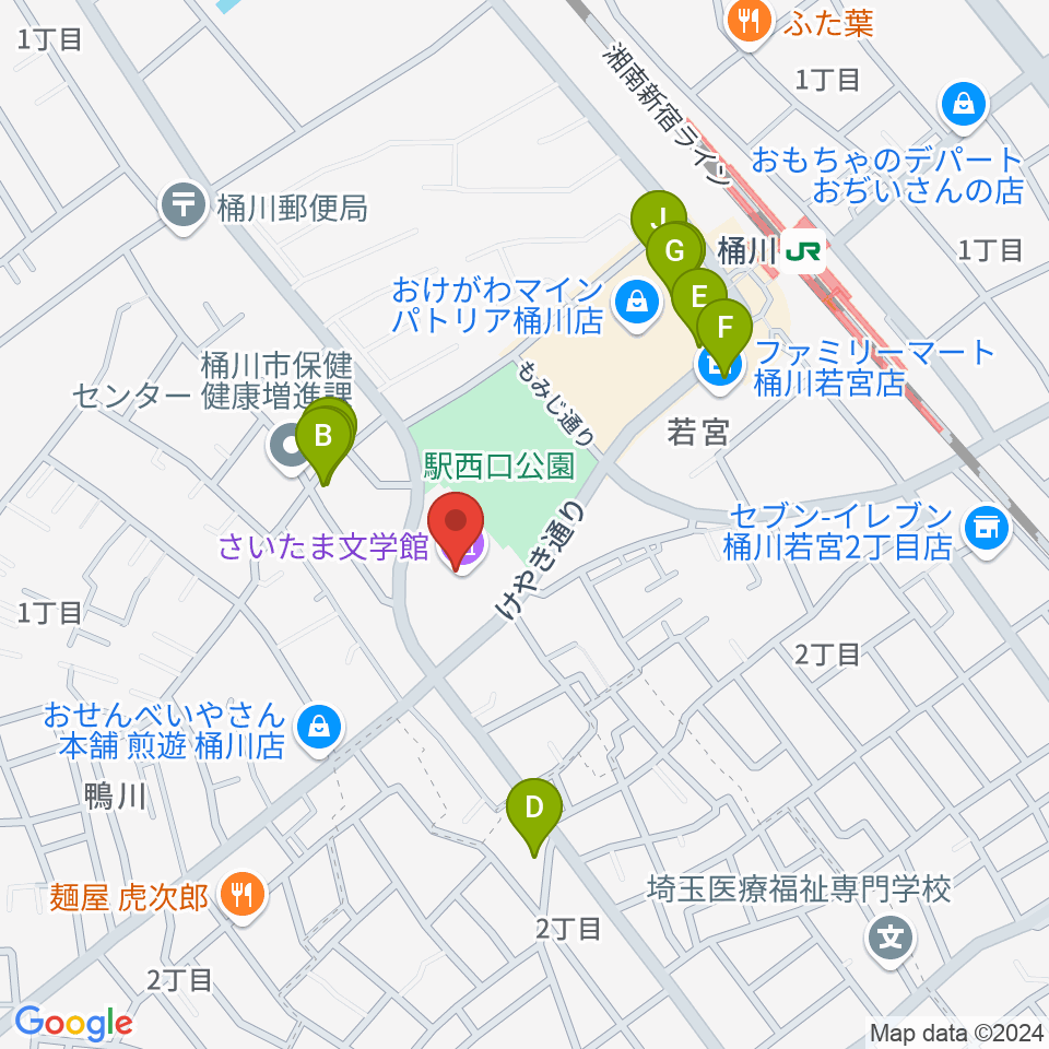 響の森 桶川市民ホール周辺のファミレス・ファーストフード一覧地図