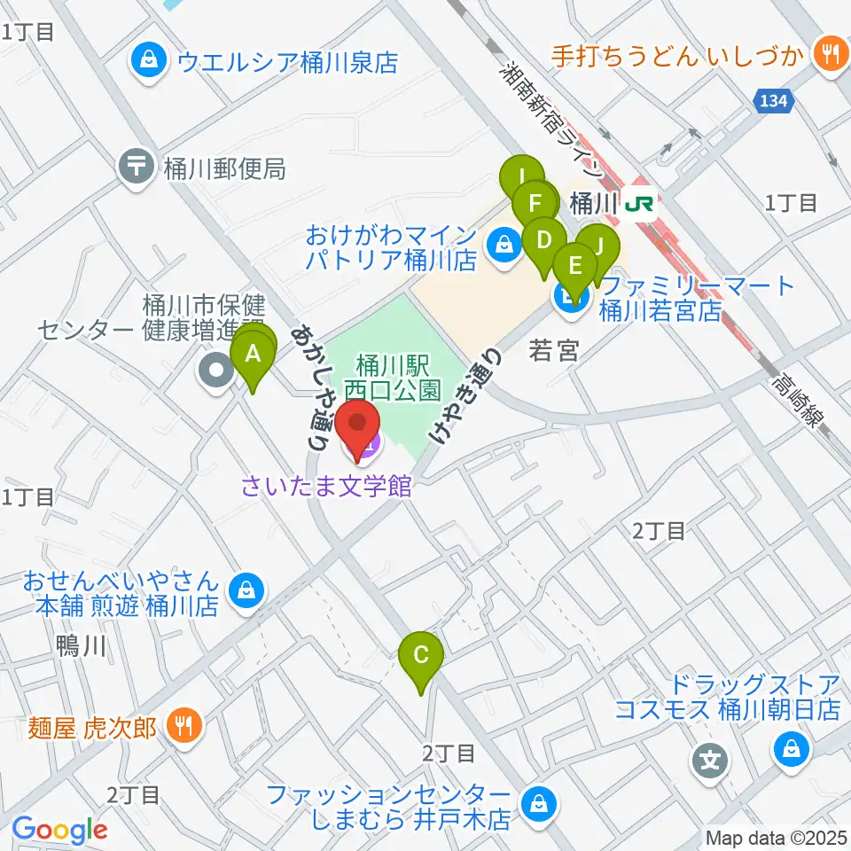響の森 桶川市民ホール周辺のファミレス・ファーストフード一覧地図