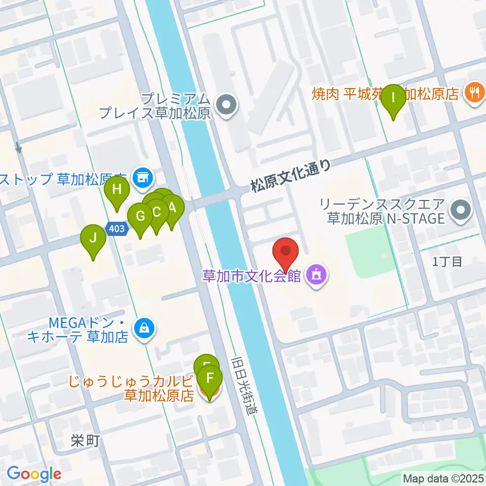 草加市文化会館周辺のファミレス・ファーストフード一覧地図
