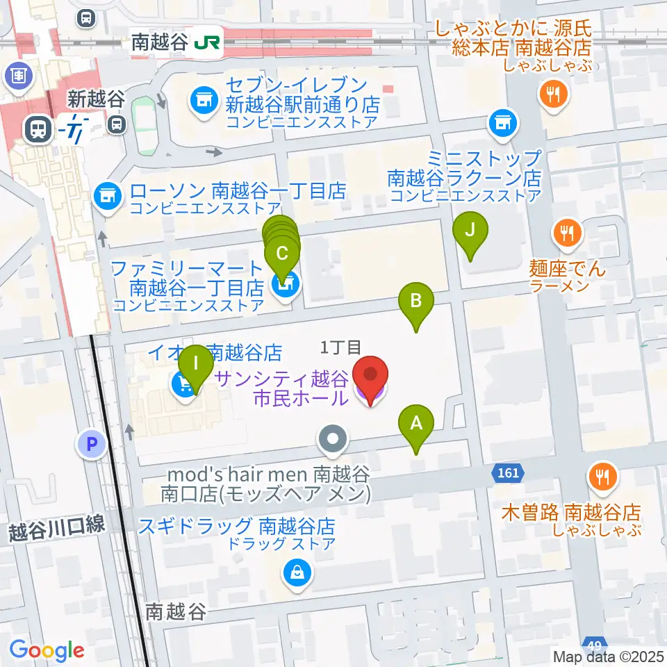越谷サンシティホール周辺のファミレス・ファーストフード一覧地図