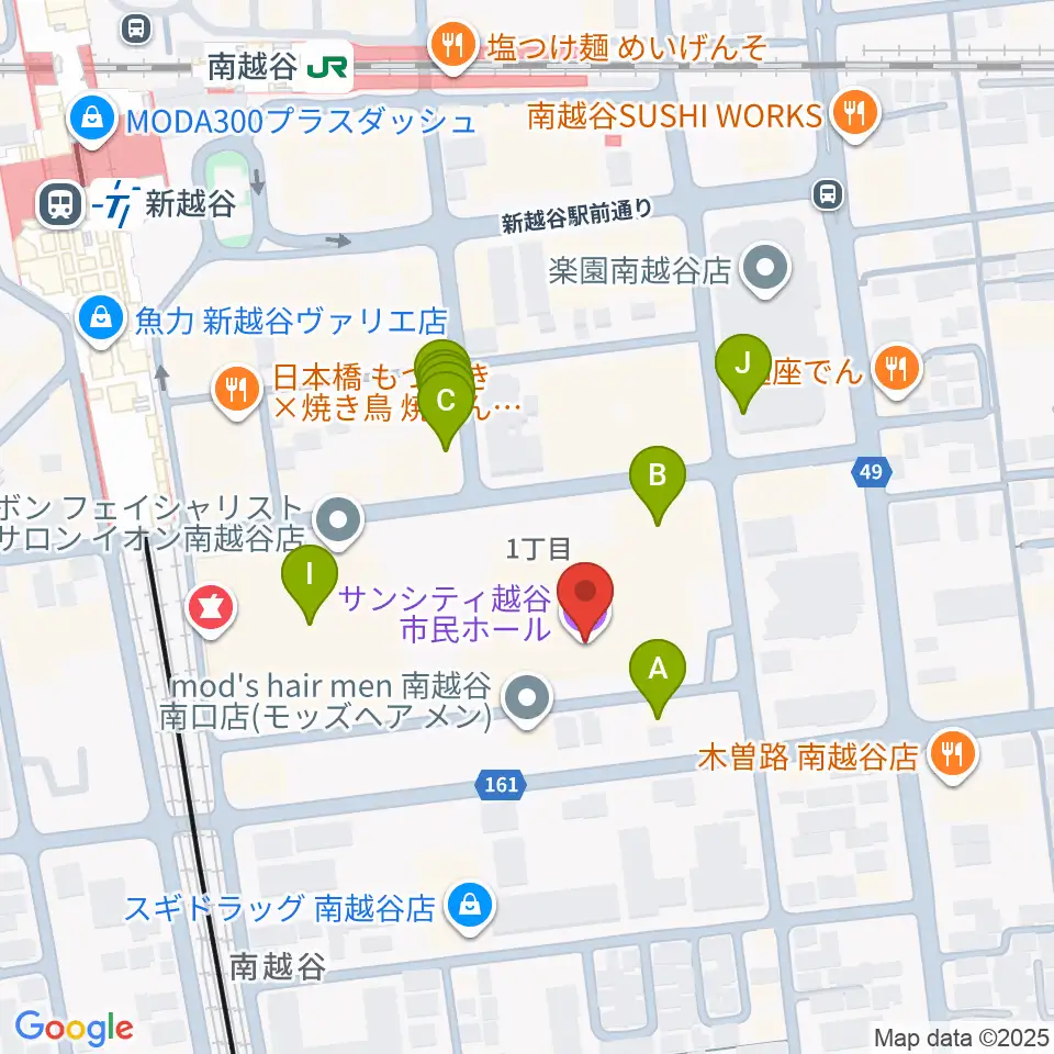 越谷サンシティホール周辺のファミレス・ファーストフード一覧地図