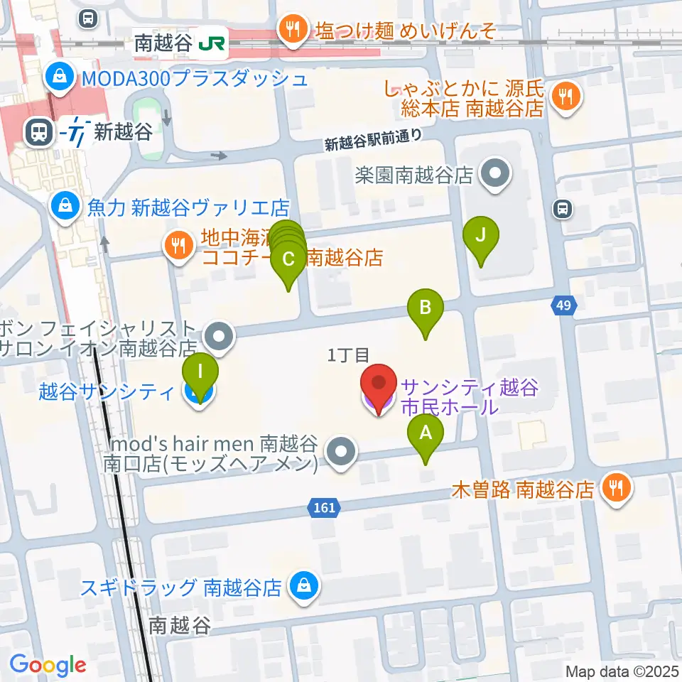 越谷サンシティホール周辺のファミレス・ファーストフード一覧地図