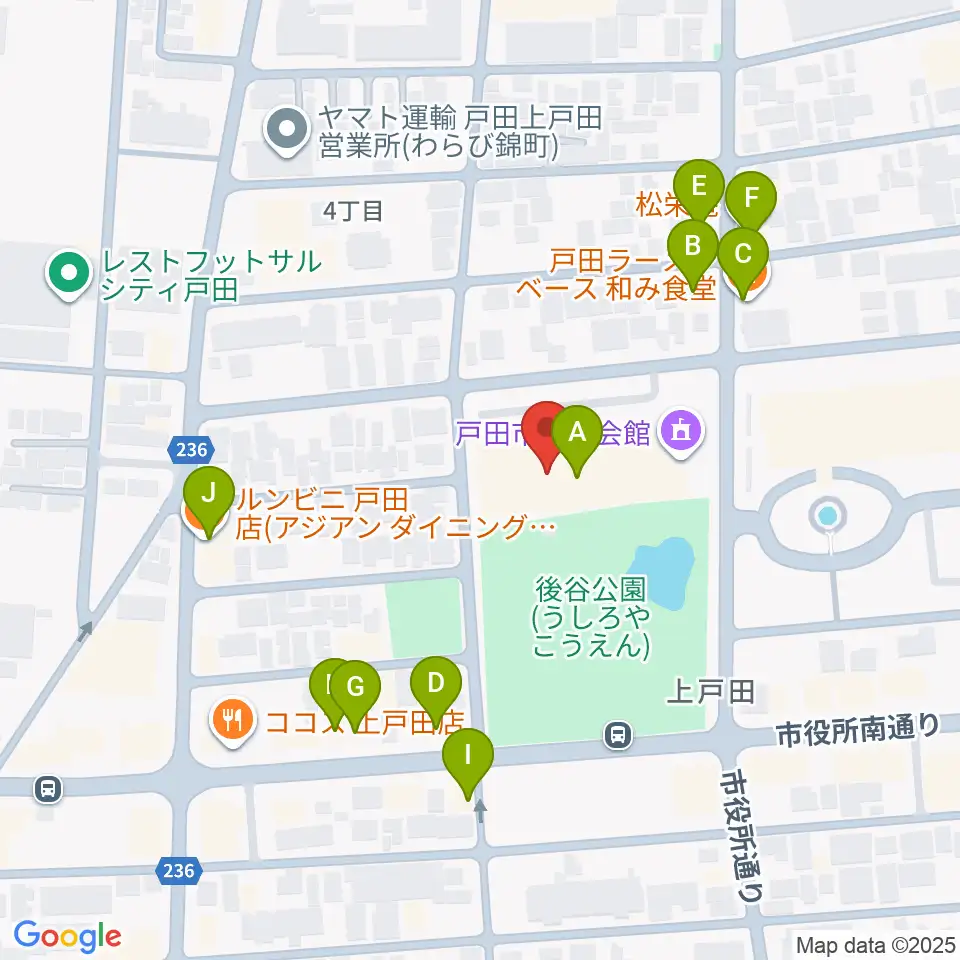 戸田市文化会館周辺のファミレス・ファーストフード一覧地図