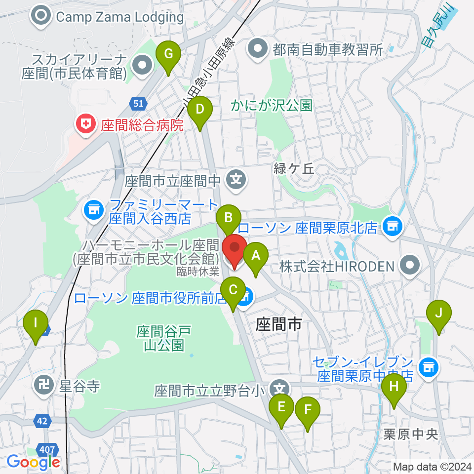 ハーモニーホール座間周辺のファミレス・ファーストフード一覧地図