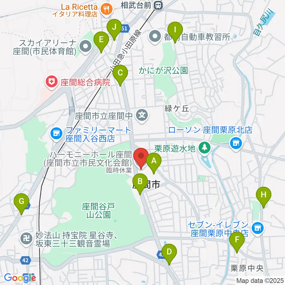 ハーモニーホール座間周辺のファミレス・ファーストフード一覧地図