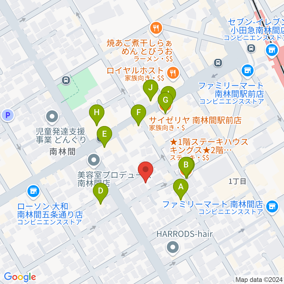 南林間ハイダウェイ周辺のファミレス・ファーストフード一覧地図