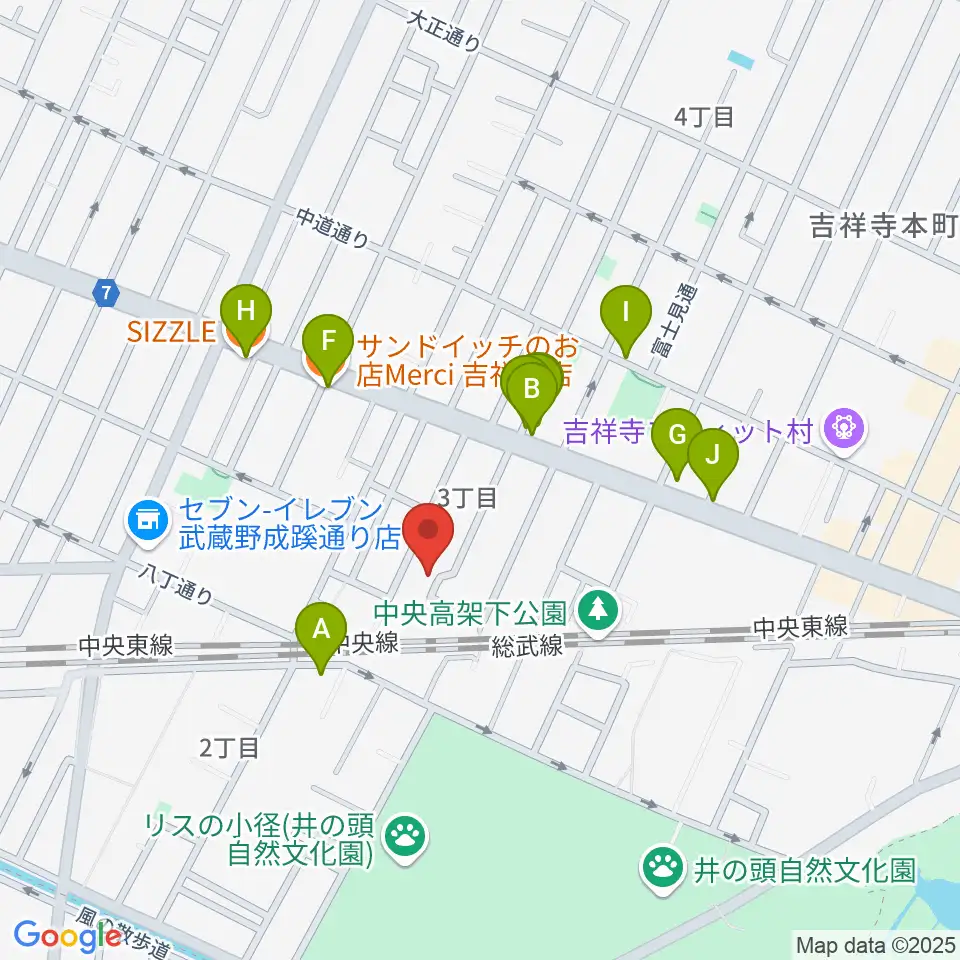吉祥寺 江戸前レコーディングス周辺のファミレス・ファーストフード一覧地図