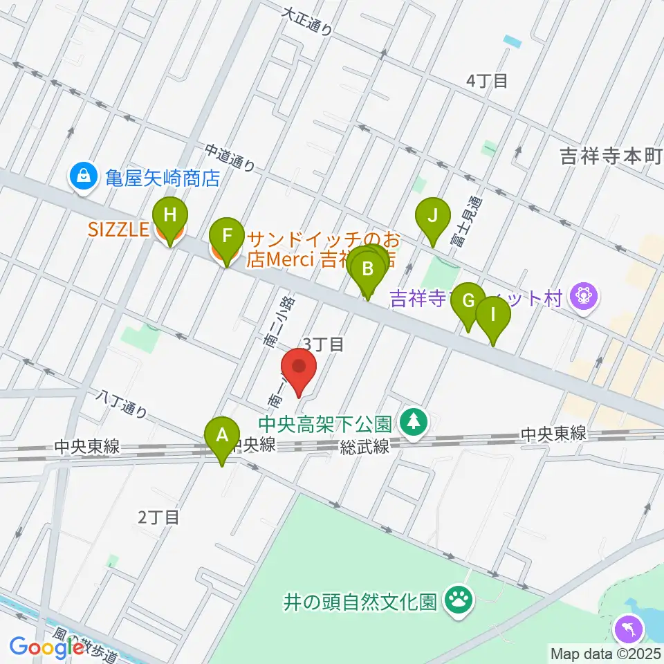 吉祥寺 江戸前レコーディングス周辺のファミレス・ファーストフード一覧地図
