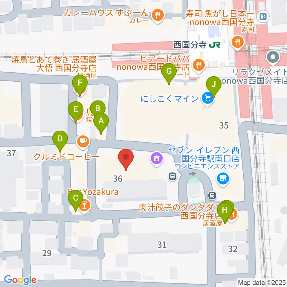 国分寺市立いずみホール周辺のファミレス・ファーストフード一覧地図