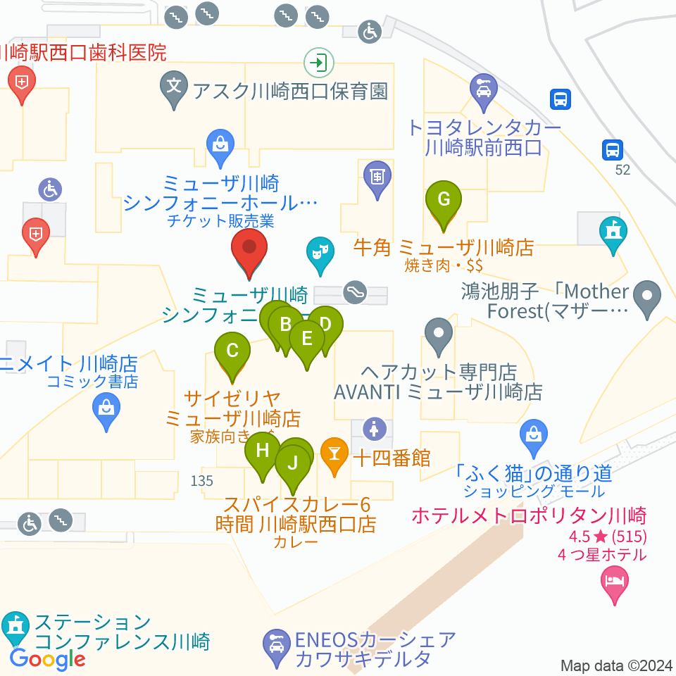 ミューザ川崎シンフォニーホール周辺のファミレス・ファーストフード一覧地図