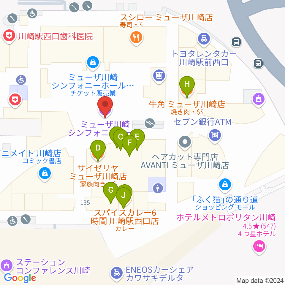 ミューザ川崎シンフォニーホール周辺のファミレス・ファーストフード一覧地図